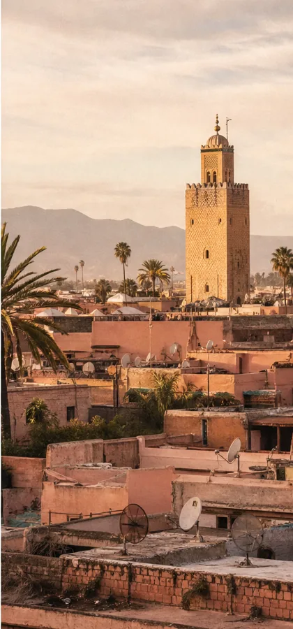 Marrakech rooftops and palm trees in sunlight