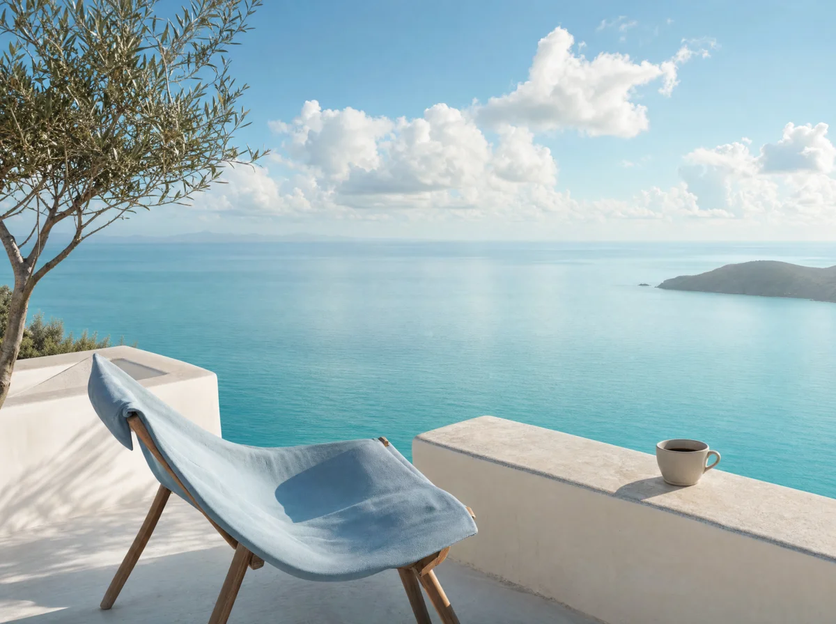 A pale blue chair on a bright terrace overlooking the sea.
