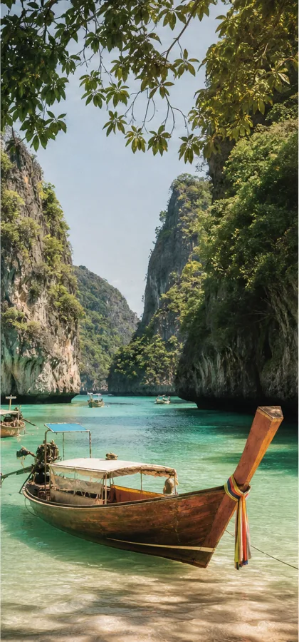 A longtail boat by limestone islands in Thailand