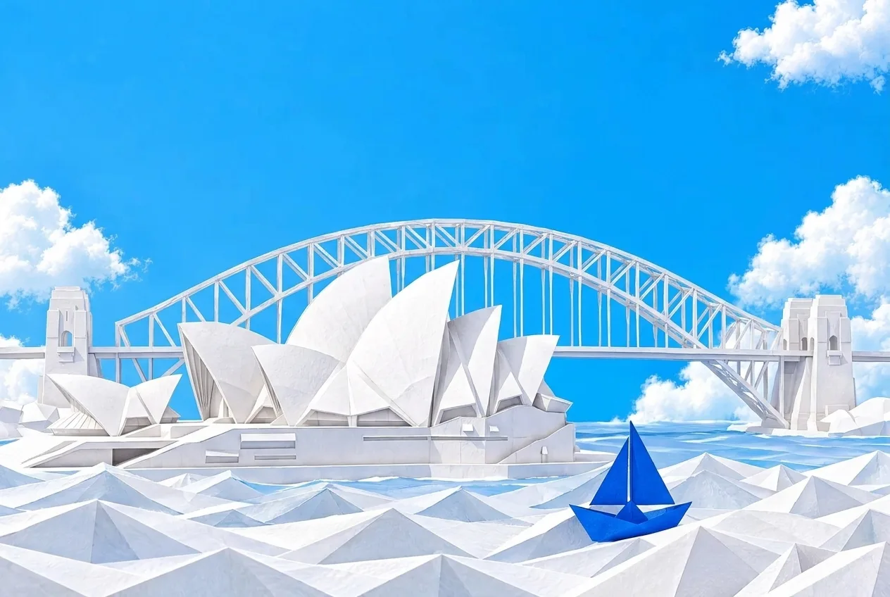Australská eSIM: papírový model Opery v Sydney a Harbour Bridge s modrou plachetnicí