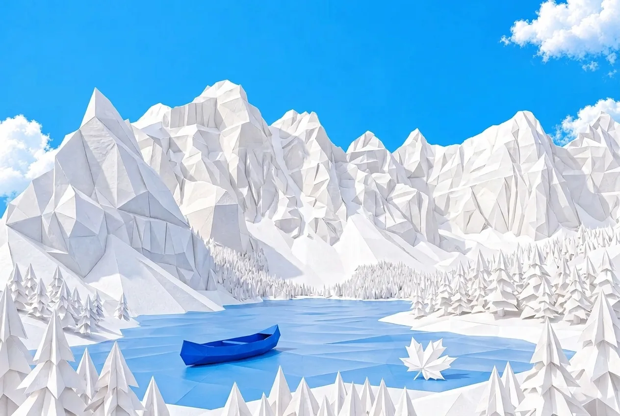 Canada eSIM: paper-craft Rocky Mountains above a lake with a blue canoe