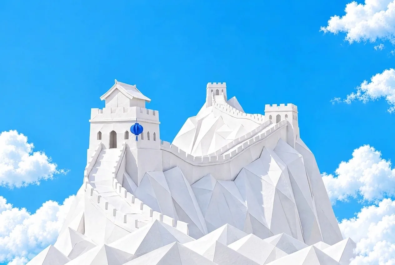 China eSIM: paper-craft Great Wall winding over mountains, with a blue paper lantern