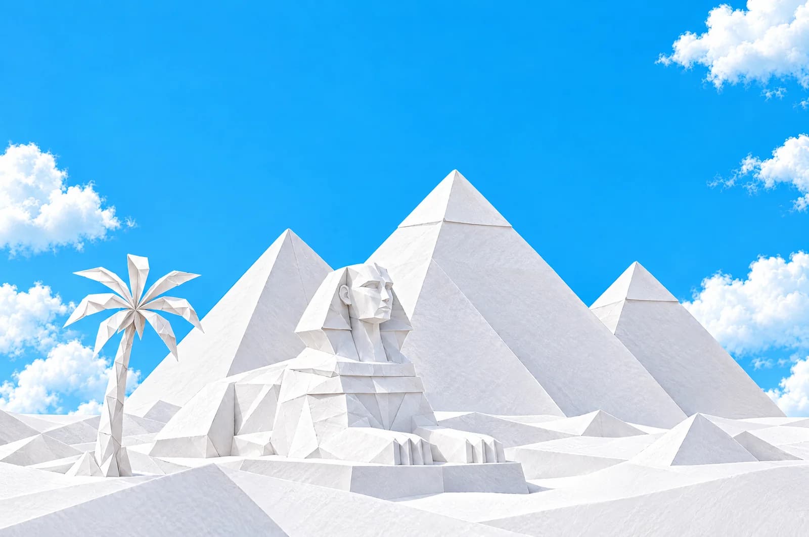 Paper-craft pyramids and palm trees