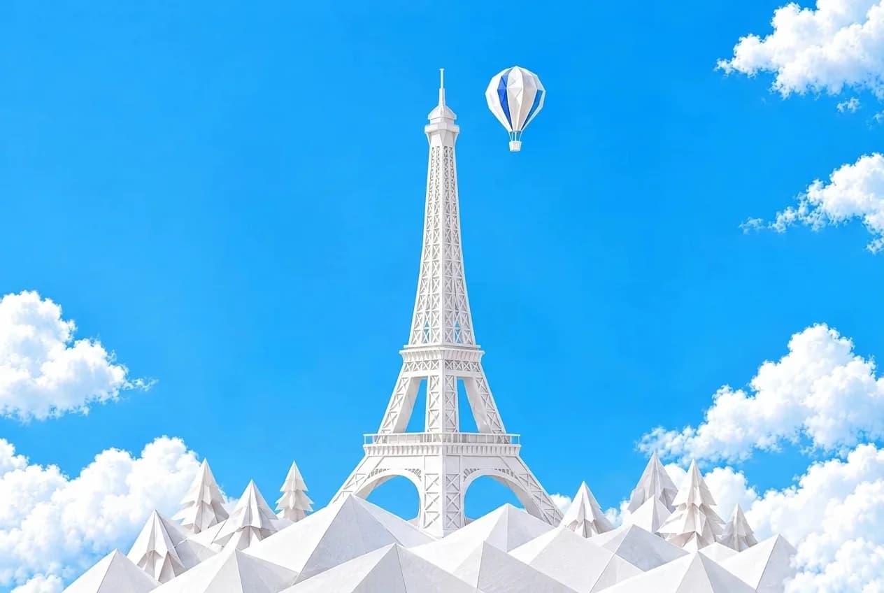 フランス eSIM:紙細工のエッフェル塔と青い熱気球