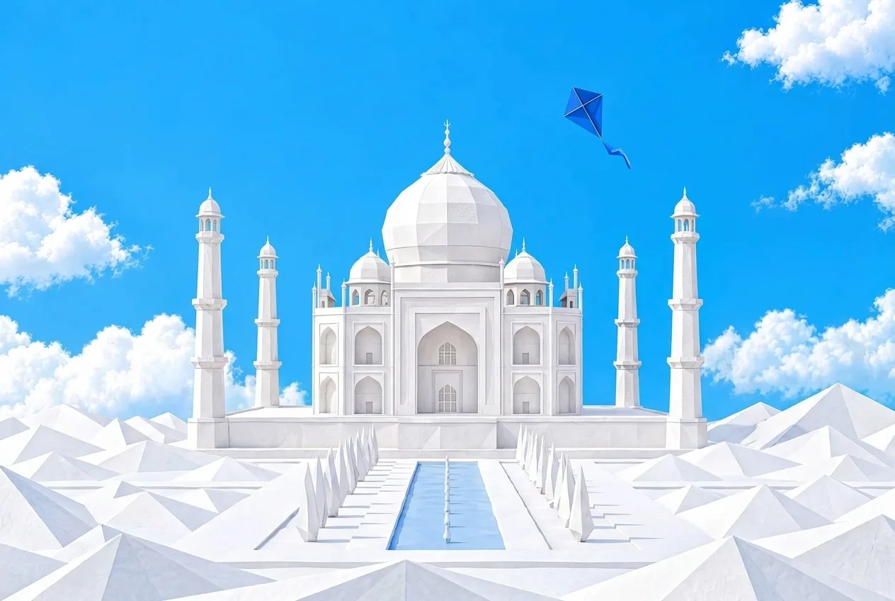 India eSIM: paper-craft Taj Mahal and its reflecting pool with a blue kite