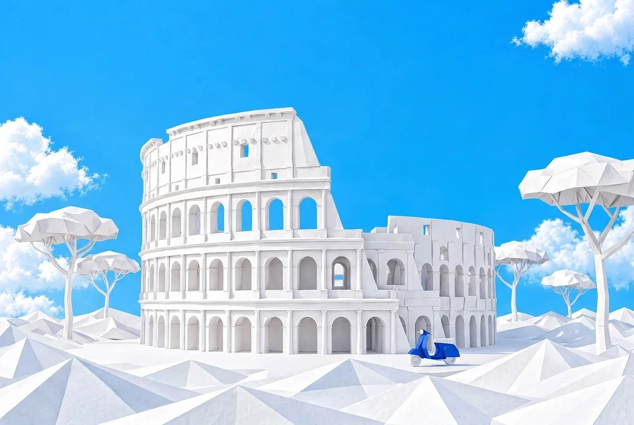 Italy eSIM: paper-craft Colosseum with stone pines and a blue scooter