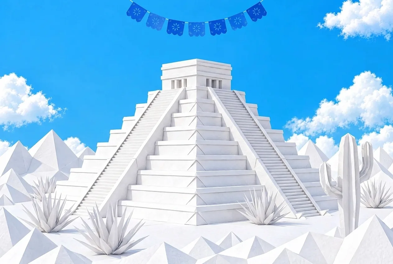 eSIM para México: pirámide de Chichén Itzá de papel con agave y una guirnalda de papel azul