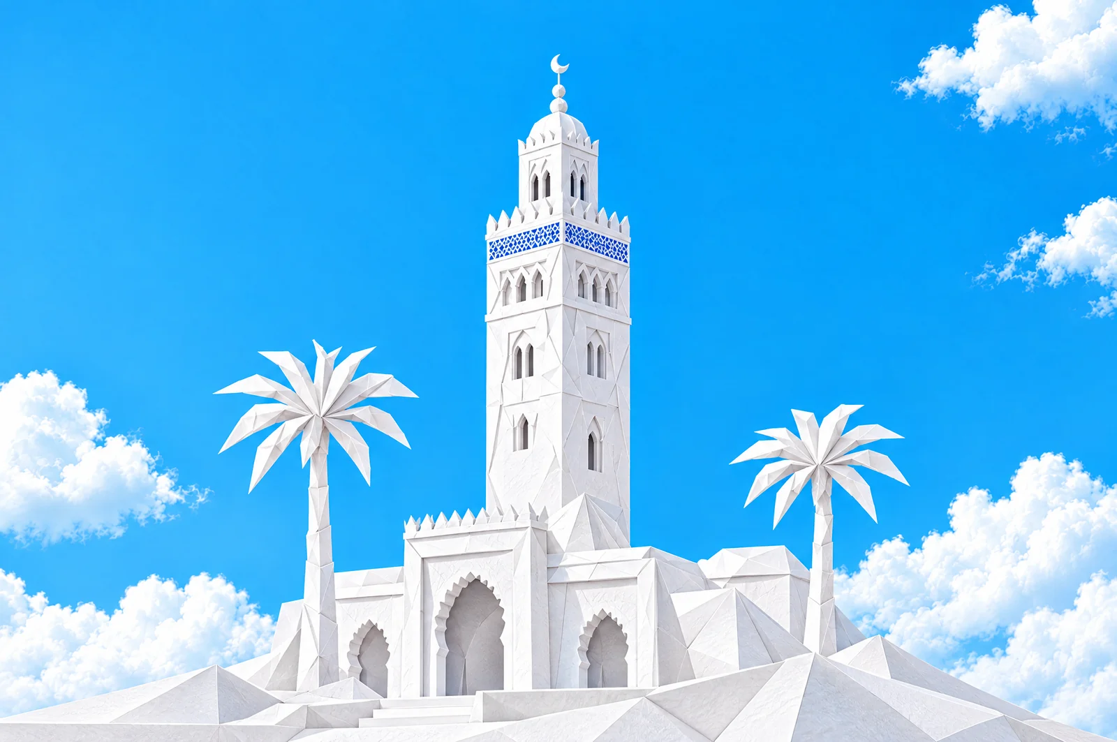 Papírový minaret a palmy v Marrákeši