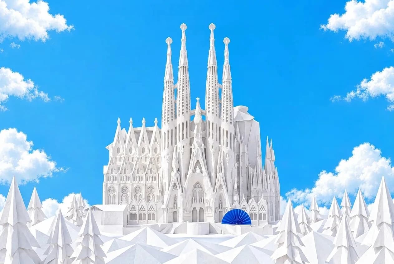 Spain eSIM: paper-craft Sagrada Familia with a blue folding fan