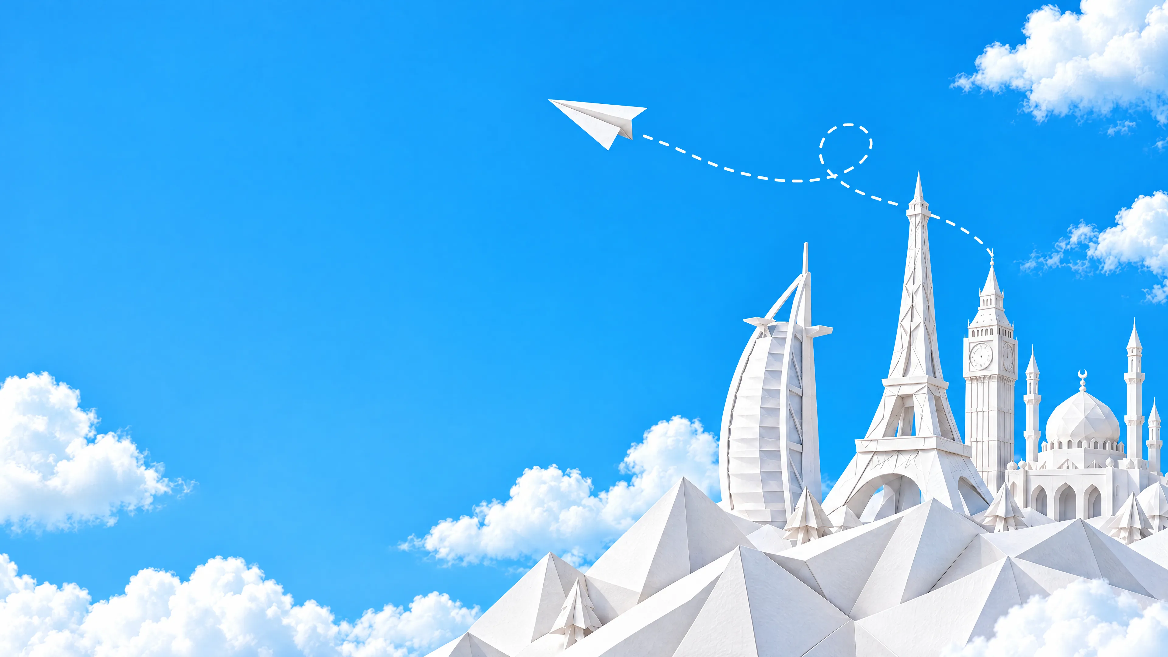 White paper-craft landmarks and a paper plane against a bright blue sky.